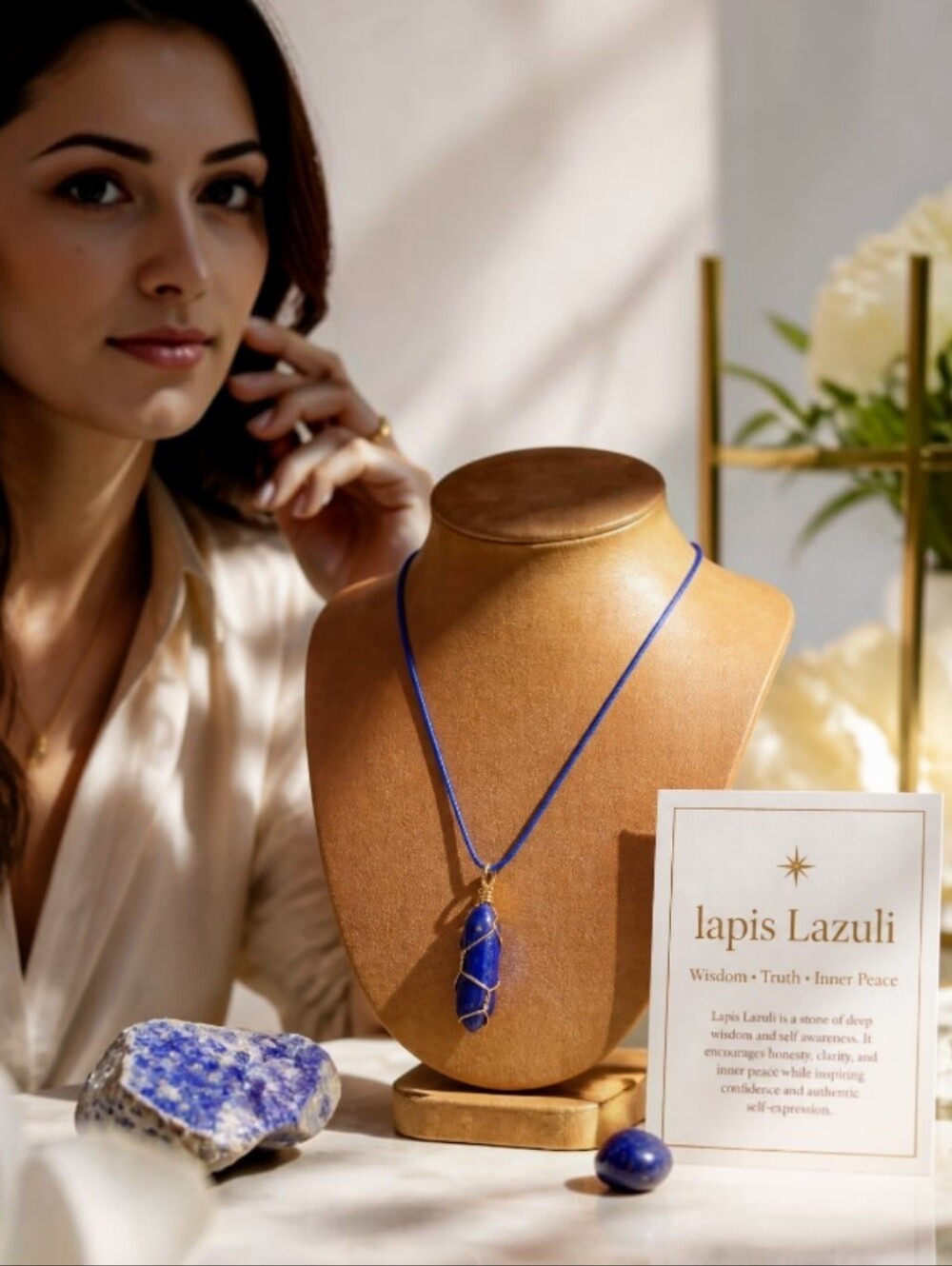 Healing Crystal 14K Gold Wire Wrapped Lapis Lazuli Stone Point‎ Pendant Necklace
